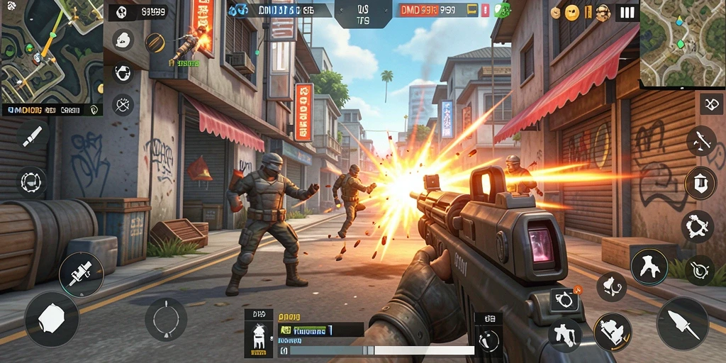 Gameplay seru DMD999 dengan aksi tembakan yang intens.